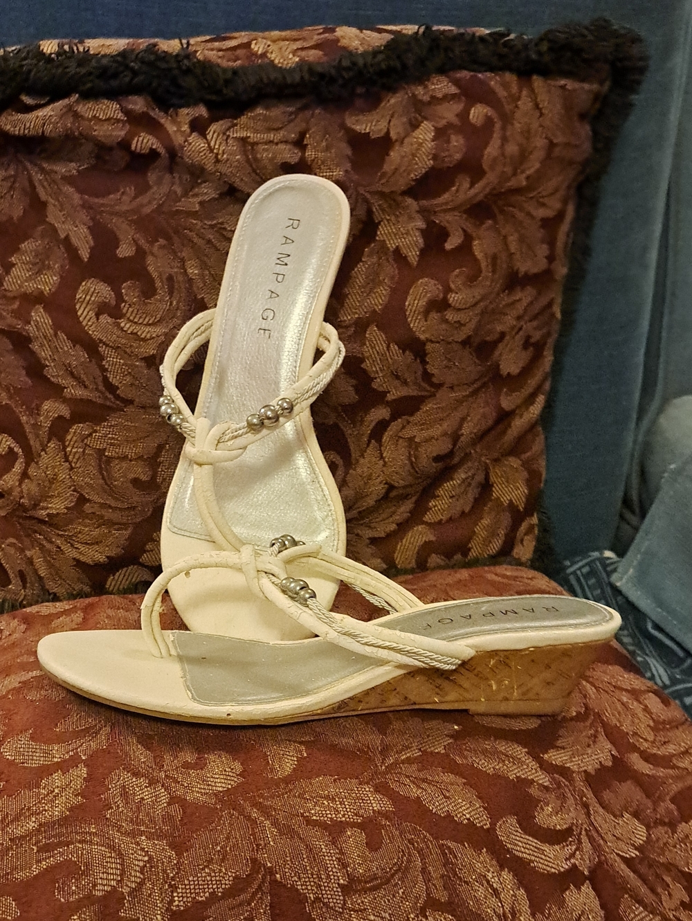 Rampage White Braided Bead Wedge Sandals